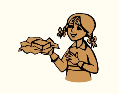 Küçük genç bayan Betty Botter kollarını kaldırıp gösteri çanağı taşır. Lezzetli bir dondurma, eski bir kâğıt paketi, kırsal retro elbise. El yapımı mürekkep sanatları neşe kaynağı kadın servis işi sat öğle yemeği simgesi al