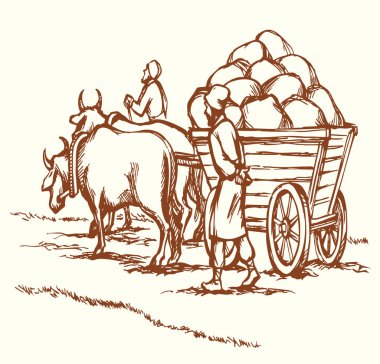 Zavallı adam ahşap, insan tramvayı, telga hasat hasadı, balya torbası iki. El yapımı sanat Ukrayna pas