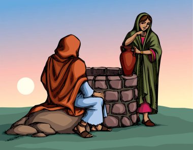 Genç, neşeli Yahudi Lord Jacob, İslam 'ı sevin, Arap günahkar hizmetçi, havza işçisi, sürahi işçisi Rachel, kutsal Tanrı çizgisi eskizi. Kırsal kesimdeki Romalı köle iş diyalogları inanç günahı sahnesi