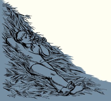 Köylü, yorgun, erkek, gülümseyen, uykulu, uykucu, çayırlık, gece yarısı gökyüzü. Eski, el yapımı sanat eseri. Kadın, genç, eğlenceli, kuru ekmek hasadı.