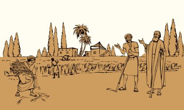 Doğu Asya Arap 'ın kıdemli insan şovu bayan konuşmasına bak. Yahudi kesimine, olgun çavdar kulağına, orak tarlasına, toprak ekimine, köle bahçesi işçisine sor. El çizimi İncil sanatı. Asya Yahudi evi.