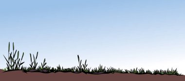 Küçük siyah mürekkep kalem el çizilmiş bahar seyahati kaya yol patikası eski kağıt sanat tarzı. Yakın plan manzara taze yeşil biyolojik tuft eko çimenli Bush Lake Valley sahili sahne alanı metin alanı çerçeve tasarım elementi