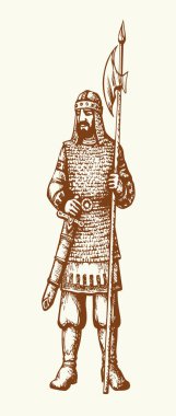 Geçmiş Kelt yüzyılının İncil 'i Pers çağı kraliyet erkek insan kral savaş kahramanı mızrak gücü. Kara El, Asya Rusya varang teçhizat elbise Doğu Asya Rus eskiz İncilsel oyma sanat beyaz sembolü