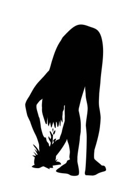 Black line drawn rustic male child dig sow green leaf root icon sign concept ancient retro outline cartoon art doodle style. Closeup back view old kid ass bow look pull hoe reap crop park hobby white sky