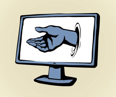Düz lcd UI tv hasta aygıt yardım risk sorunu uygulaması üzerinde beyaz metin için yer. Dilenmek Yardım veri ulaşmak parmak sor. Karikatür grafik vektör çizilmiş yasadışı net casus bozuk hırsız adam vermek tutun bilgi hediye işareti simgesi