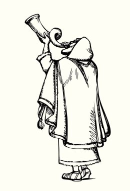 Kutsal geçmişteki doğu inancı Leviticus Peygamberi izole edilmiş beyaz gökyüzü olarak adlandırılır. Siyah mürekkep kalemle çizilmiş Yahudi etnik Yahudi, levit, hilekar insan kolu, rosh hashanah yom kippur, bayram ritüeli, boru melodisi, nostaljik, Doğu İnanç Festivali, sanat eseri.