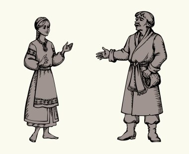 El çizimi siyah mürekkep çizgisi. Yaşı geçmiş mutlu, genç, mutlu, yaşlı bir ebeveyn, yaşlı bir eş. Kollarını kaldır ve aşk işareti simgesi gibi bak. Doğu Asyalı dilenci baba... Etnik paltolu bornoz şapkalı adam... Orta Avrupa 'lı Rus bayanı açıklar mısın?