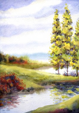 Dusk Hill sahnesi beyaz bulutlu kağıt doku sanat metni arkaplanı. El çizimi açık mavi boya serin, sisli, sisli, sisli, yağmurlu, taze çimen tarlası eski kavak ağacı yaprağı, güneşli dere koyunun soyut manzarasını yansıtıyor.