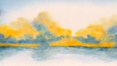 El çizimi parlak renkli çizimler açık mavi bulutlu beyaz kağıt metin alanı arkaplan dokusu. Kırsal bölge güneşli çimen tarlası çalılık bitki yaprağı sakin bataklık deresi kumsal seli yağmur manzarası sisli sis dumanı günü manzarası