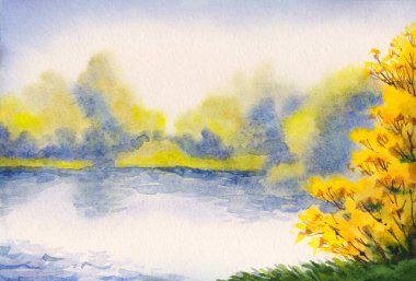 El çizimi parlak renkli çizimler açık mavi bulutlu beyaz kağıt metin alanı arkaplan dokusu. Kırsal bölge güneşli çimen tarlası çalılık bitki yaprağı sakin bataklık deresi kumsal seli yağmur manzarası sisli sis dumanı günü manzarası