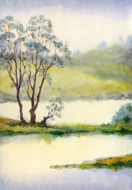 El çizimi parlak boya, sakin, bulutlu, puslu, sisli, alacakaranlık sahnesi, beyaz kâğıt perde arkası, metin alanı. Açık mavi renkte kırsal bataklık bataklık deresi sel denizi kıyısı çim tarlası eski çalılık bitki yaprağı manzarası