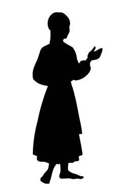 El çizimi siyah mürekkep çizgisi genç, güzel, mutlu, mutlu, mutlu, muhtaç insan karısı kollarını kaldırıp konuşuyor aşk işareti logosu gibi görünüyor. Asyalı Doğu Kievan Rus Orta Rusya 'nın geçmiş kadın bornoz peri masalı engrav ana hatlarını gösteriyor.