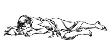 Young 'ın kaybettiği zavallı hasta, yaralı, kanayan çıplak, bitkin, yorgun, üzgün, genç çocuk, ağlayan, sarhoş, uyuşturucu bağımlısı, yardım yatağı. El yapımı sanat, eski kirli kaya kum tehlikesi çöl krizi çocuğu Abel, İncil 'deki Arap suç tarihini yeniden canlandırıyor.