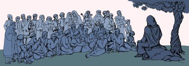 Doğu Arap kutsal kıdemli kral koltuğu konuşması Yahudi adam halk dostu takım hikayesi retro sanat eskizi. Çizgiyi aşan Yahudi yaşlılar çimen taşında oturur sosyal bayan kızla tanışır Tanrı aşkına güven bana, çocuk çocuğu koru ve gökyüzünü izole et.