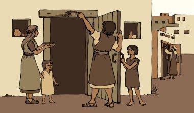 Yahudi kanunu, insan baba oğul lütfen kaseyi tut tahta iskelet kölesi koy ve git koyun ye. Doğu caddesindeki anne-baba-kız, Müslüman anne-baba, anne-baba, anne-baba, anne-baba, eski İbrani, el çizimi, İsrail peygamberi, serbest tahta ayinini yok et.