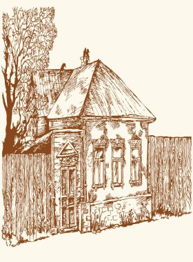 Paslı Avrupai eski, küçük, pis, sonbahar ormanı çiftliği kuş kulübesi kulübesi kulübesi, beyaz gökyüzü manzarası. Ön manzara ana hatları siyah mürekkep çizilmiş eskimiş çam ağacı bahar çiçeği Avrupa sembolü karalama çizgisi sanat tarzı metin alanı