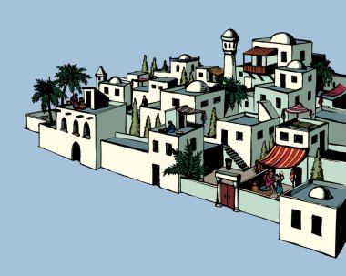 Geçmişe dönük Yahudi İncili taş şehir kapısı kırsal Ksar yolu doğa ağacı manzaralı. El çizimi sanat Suudi Arabistan tarzı İran açık hava Yahudi beyazı hatta gökyüzü İslami Irak sokak seyahat sembolü