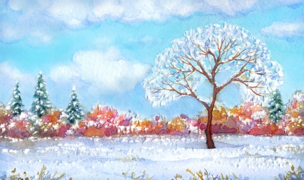 Akvarell landskap av serien "träd i olika årstider" — Stockfoto