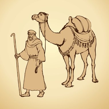 Arab with camel laden. Vector drawing clipart