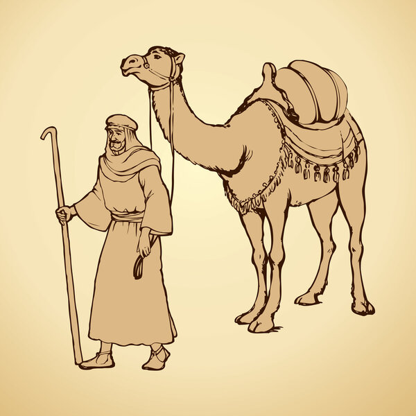 Араб с грузом верблюда. Векторный рисунок
