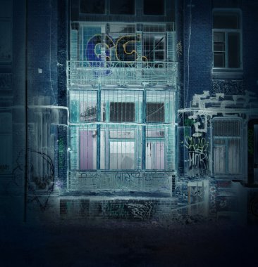 Graffiti ile boyalı Art Nouveau tarzında harap yapılar/Mimariler
