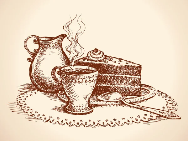 Kawałek ciasta i filiżankę kawy. Rysunek wektor — Wektor stockowy