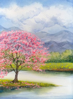 Картина, постер, плакат, фотообои "акварельный пейзаж. цветущее розовое дерево у озера пейзаж осень города", артикул 97476276