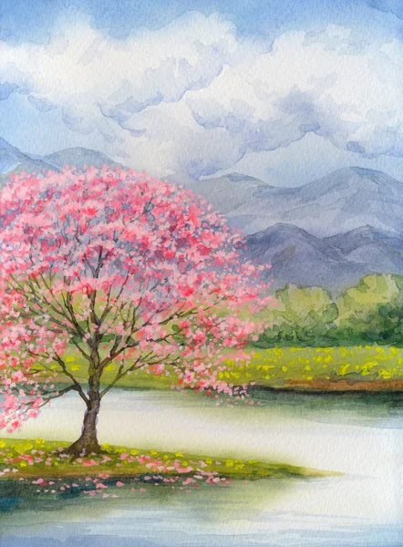 Paysage aquarelle. Floraison rose arbre par lac — Photo