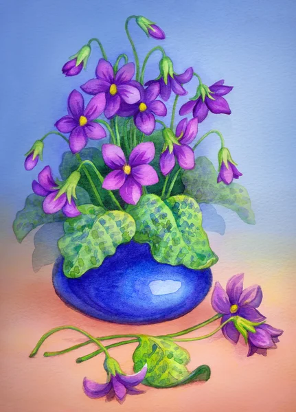 Pittura ad acquerello. Fiori in vaso blu — Foto Stock