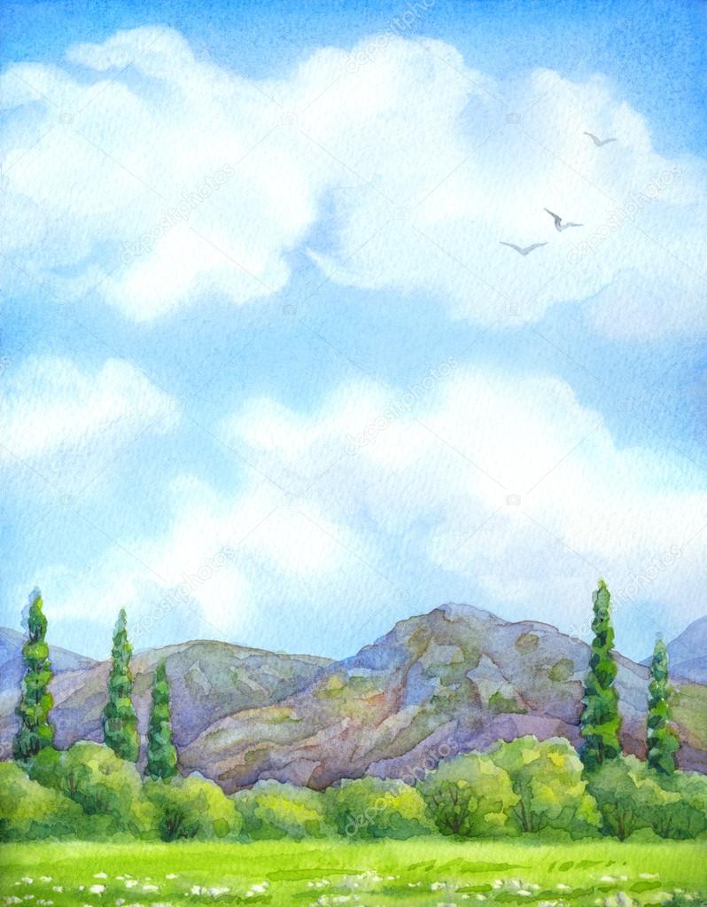 Watercolor landscape. Cloudy sky over valley blossoms