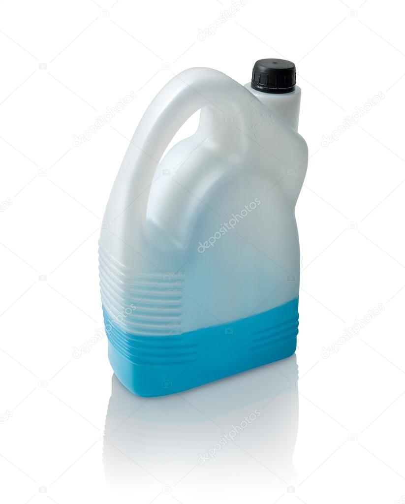 Blue liquid for car in canister isolated on white