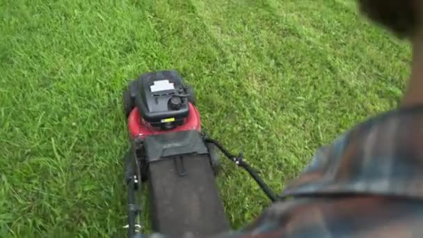 Erkek Bahçıvan Yaz Günü Motorlu Çim Biçme Makinesiyle Çim Biçiyor — Stok video