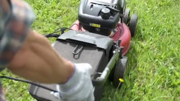 Manlig Trädgårdsmästare Klippning Gräsmatta Med Motordriven Gräsklippare Sommardagen Push Gräsklippare — Stockvideo
