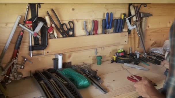 Joiner Marceneiro Escolhendo Ferramentas Carpintaria Construção Sua Oficina Conceito Diy — Vídeo de Stock