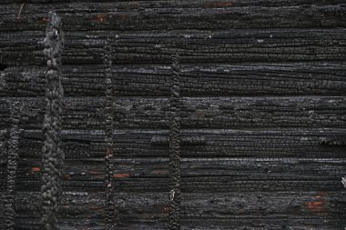 Yanmış ahşap ev dokusu. Yanan tahtaların arkaplanı yangın çıkararak tahrip edildi.