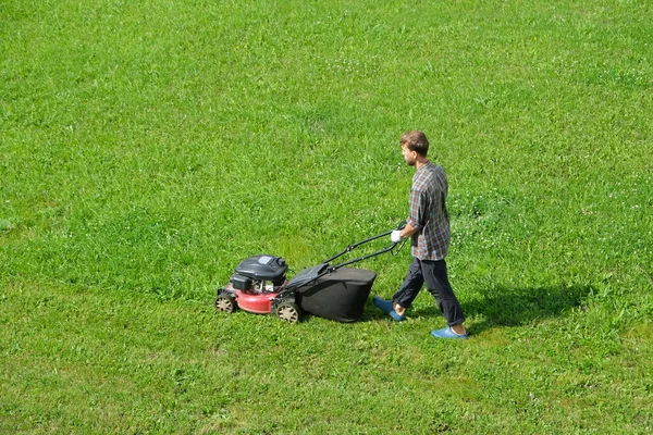 Vue Aérienne Drone Jardinier Tondre Pelouse Verte Avec Tondeuse Motorisée — Photo