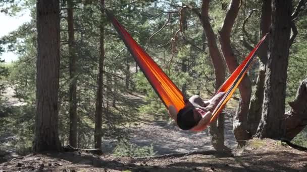 Kobieta Odpoczywa Sama Hamaku Turystycznym Słonecznym Lesie Sosnowym Ciesząc Się — Wideo stockowe