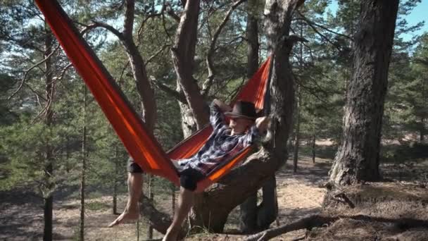 头戴毛毡帽的男人独自躺在阳光灿烂的松树林中的游客吊床上 享受着孤独 和平与宁静的感觉 自然界中的自然时刻和个人活动 — 图库视频影像