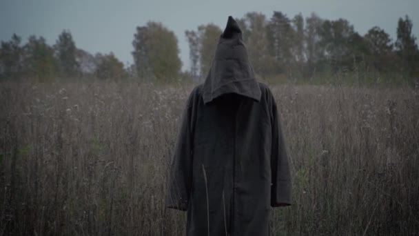 Geheimnisvoller Mönch Oder Zauberer Kapuzenmantel Wandert Durch Herbstlich Vernebeltes Feld — Stockvideo