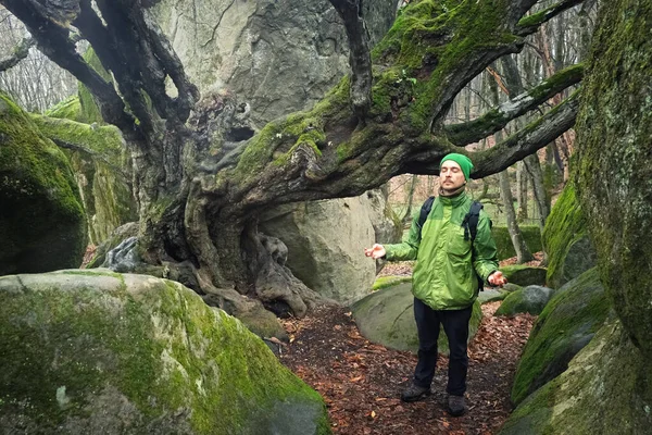 Man Tourist Meditating Sacred Mystical Place Forest Huge Moss Covered — Stock Photo, Image