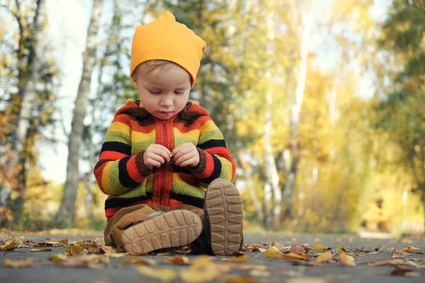 Lindo Niño Pequeño Suéter Punto Colores Sombrero Naranja Sentado Camino —  Fotos de Stock