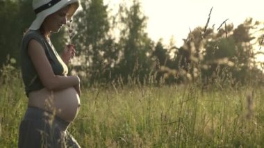 Gün batımında yeşil yaz sahasında yürüyen boho tarzı elbiseli hamile bir kadın. Bebek beklemenin otantik anları.