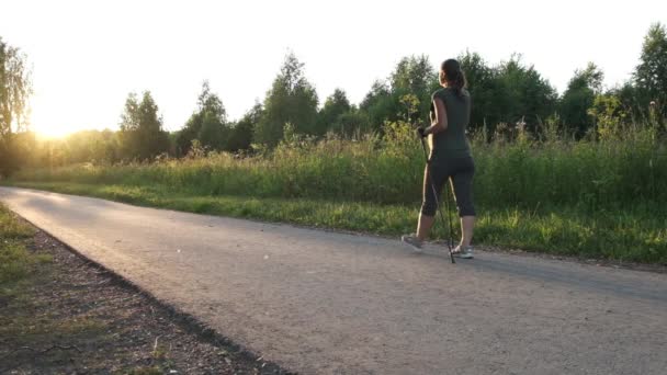 Активна Вагітна Жінка Практикує Скандинавські Прогулянки Відкритому Повітрі Здорове Майбутнє — стокове відео
