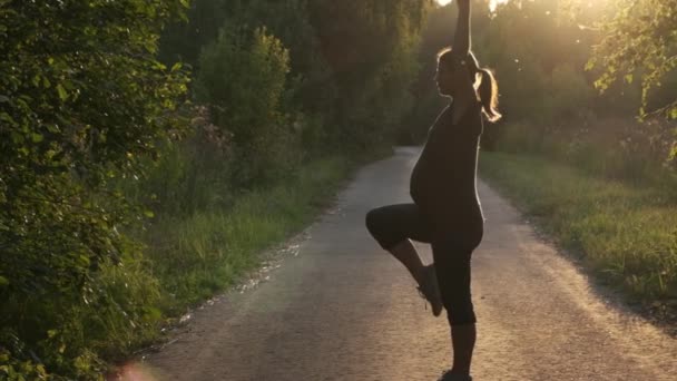 Silhouette Pregnant Woman Practicing Yoga Nature Sunset Active Expectant Mother — Stock Video
