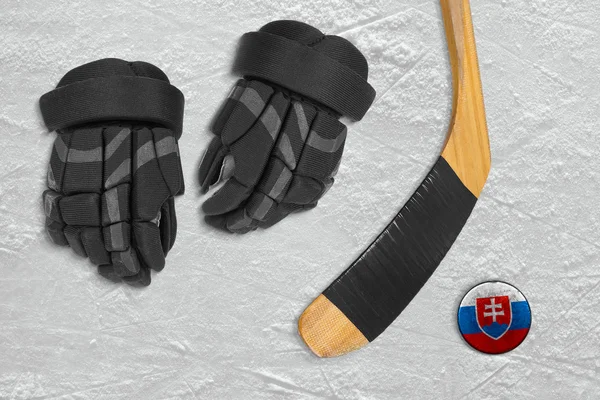 Slovenský hokejový puk a doplňky — Stock fotografie