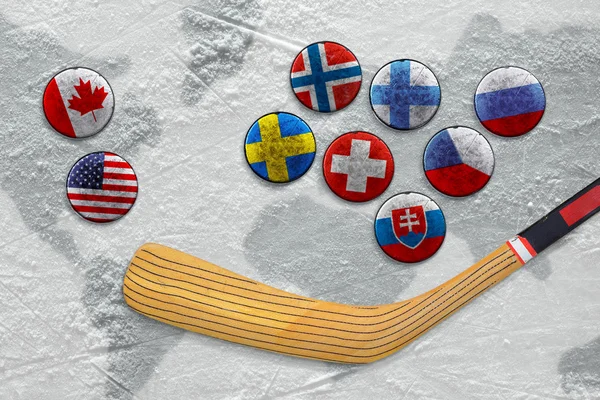 Stick, puck with images of flags and hockey field — Stock Photo, Image