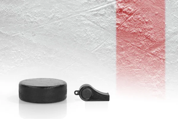 Referee whistle, the puck and hockey field — Stock Photo, Image