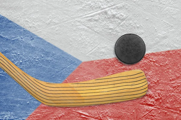 Hockey puck, stick and Czech flag — Stock Photo, Image