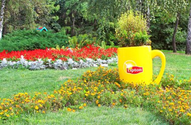 Flower composition with Lipton mug on annual traditional 59 flower exhibition 
