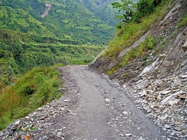 kırsal yol ve yeşil bitkilerle Nepal, Annapurna bulutlu gökyüzü dağlarda trekking